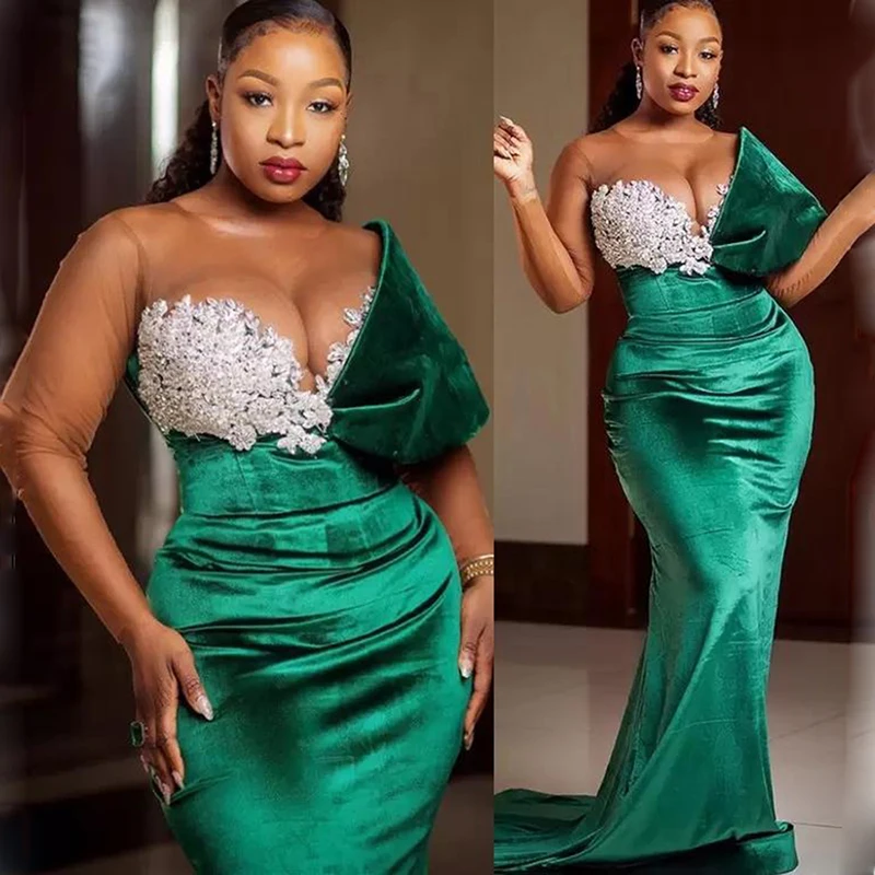 

2022 Arabic Aso Ebi Prom Dresses Sheer One Long Sleeve Plus Size Mermaid Eveing Gowns Green And White Lace Appliques Formal Wear