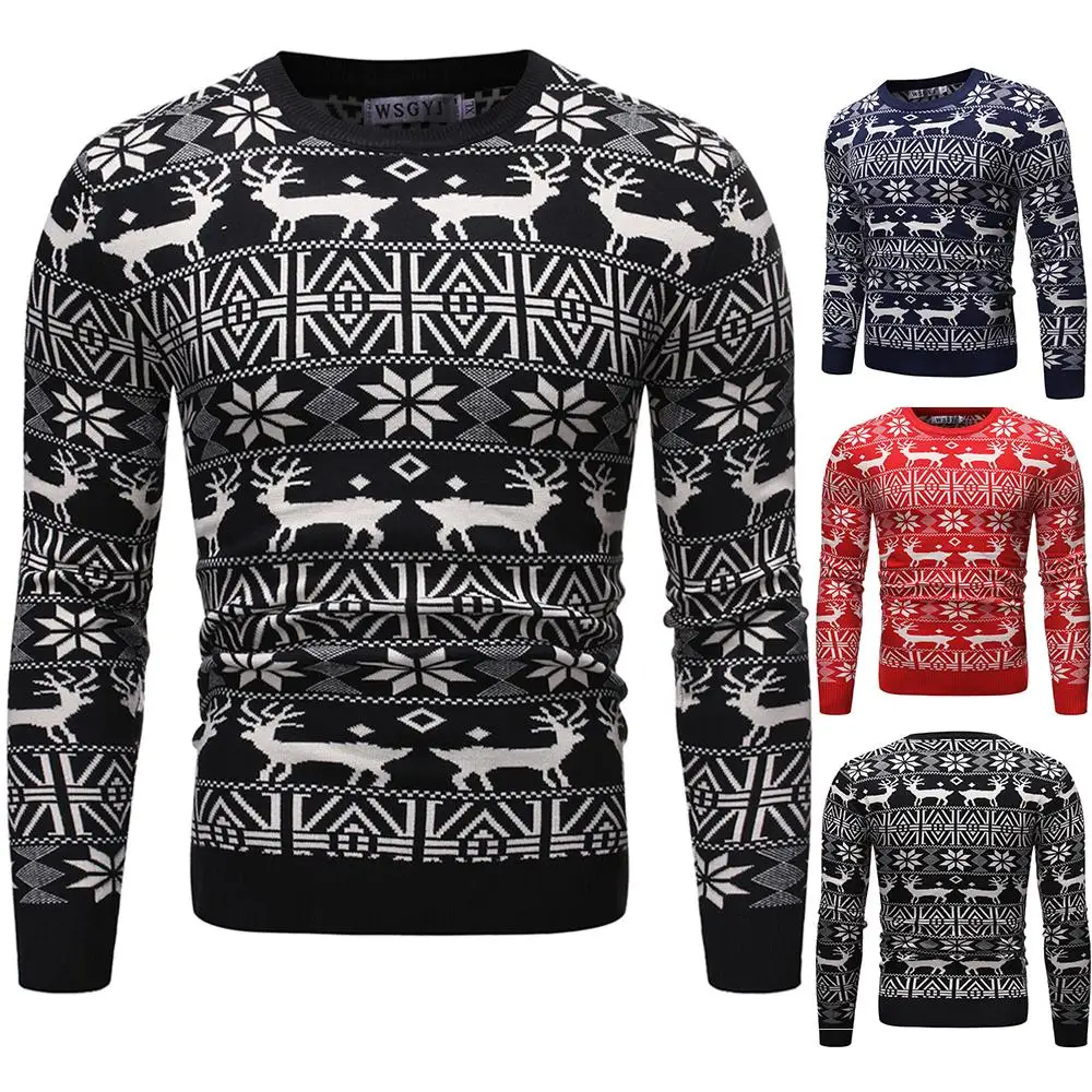 

Sweater Knitted Pullover Winter Jumpers Black Red Navy Christmas Sweater For Men Round neck Deer print Slim Fit