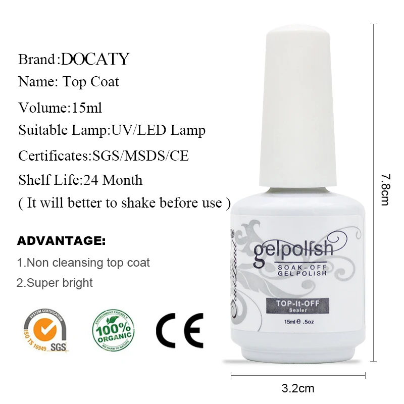 Docaty Glitter Base Top Coat 8ml Nail Art UV LED Lamp Gel Lacquer Transparent Soak Off Varnish Clear Seal Polish | Красота и здоровье
