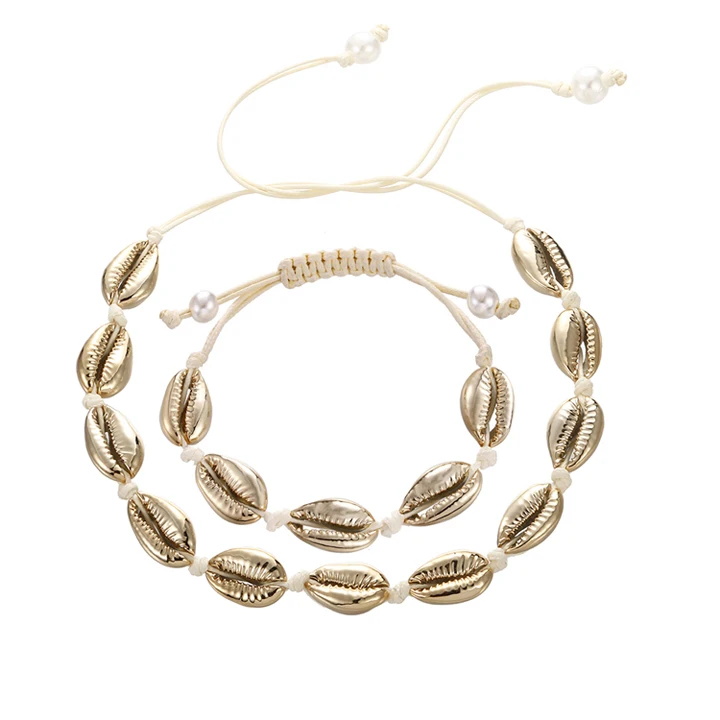 golden shell Beige 2 шт./компл., натуральная основа браслет Цепочки и ожерелья богемный Регулируемый рычаг ручной вязальная веревка Цепочки и ожерелья, украшения для женщин и девочек для девочки дружба пляжная раковина - Окраска металла: golden shell Beige