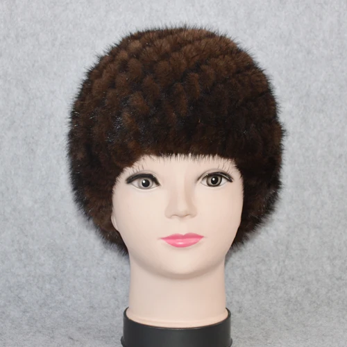 Cotton Lining Winter Lovely Real Mink Fur Hat Women Good Elastic Knitted Real Natural Mink Fur Beanies Caps Real Mink Fur Cap - Цвет: brown