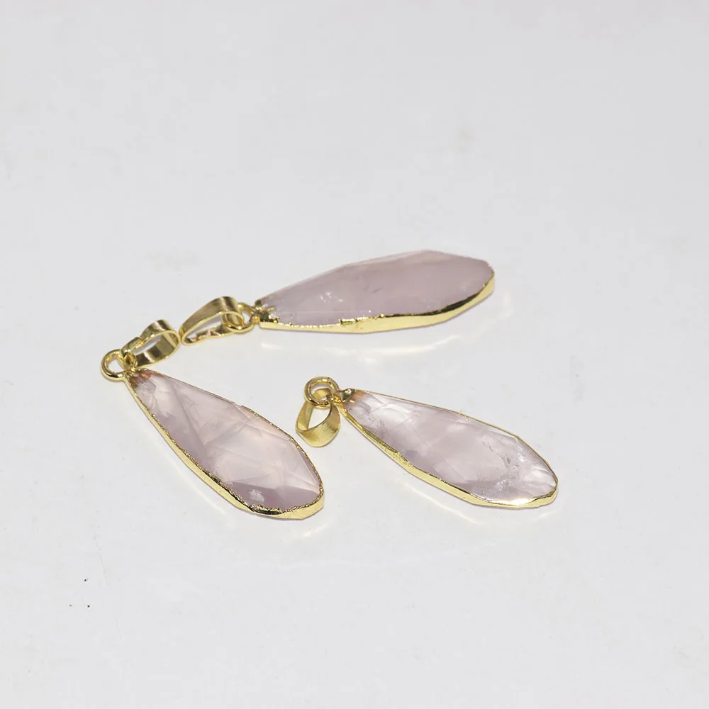 Женская подвеска с подвеской в виде капель из розового кварца золотым ободком и