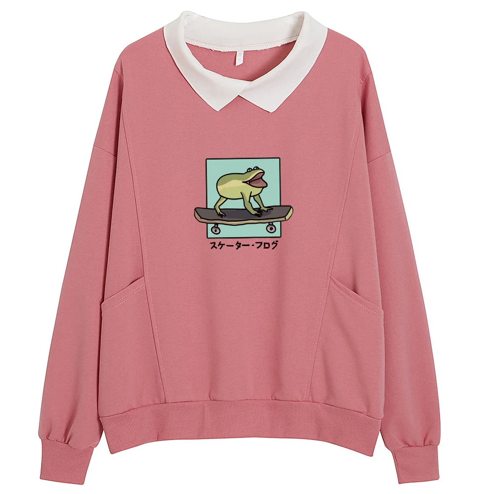 

Skateboarding Frog Hoodie Women Cotton Sweatshirt Aesthetic Hoody Girls Casual Loose Sweatsuit with Pocket All-match Korean Tops