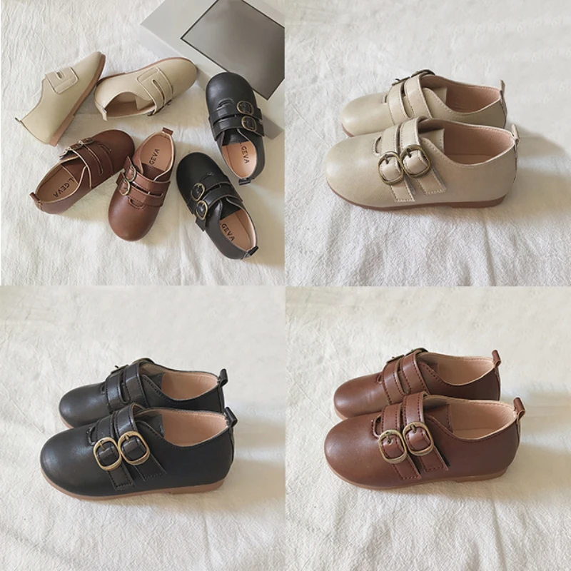 

Baby Children Boy Girl Fashion Bean-Bean Shoes Retro British Shoes Soft Leather Spring Non-Slip Sole Waterproof