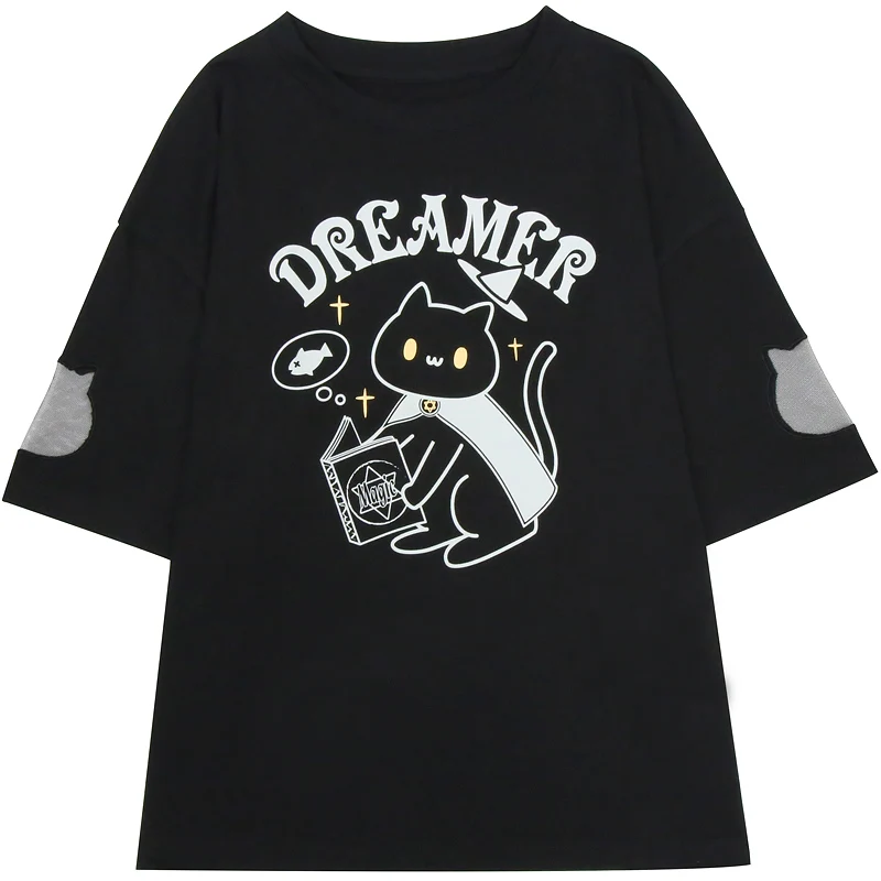 Милая Волшебная черная футболка с котом летняя коротким рукавом топы уличная