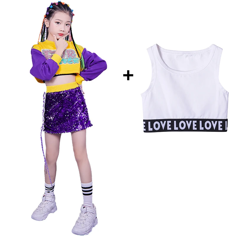 

Hip Hop Costumes Street Dance Set Girls Purple Sequin Set Modern Performance Clothing Jazz Cheerleader Stage Costumes 120-170CM
