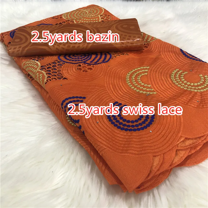 

2.5yards yellow Embossed Bazin Richce Brocade Fabric with 2.5yard Swiss Voile Lace for Femme Robe New Bazin Riche Brode Fabric