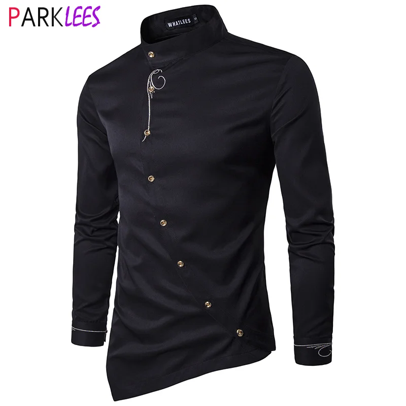 

Men's Banded Collar Irregular Design Dress Shirts 2020 Casual Button Down Shirt Men Party Wedding Shirts Tops with Embroidery