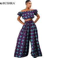bushra ladies african kanga dashiki print shoulder off top wide leg pants dresses women trousers plus size suit 2022 fashion