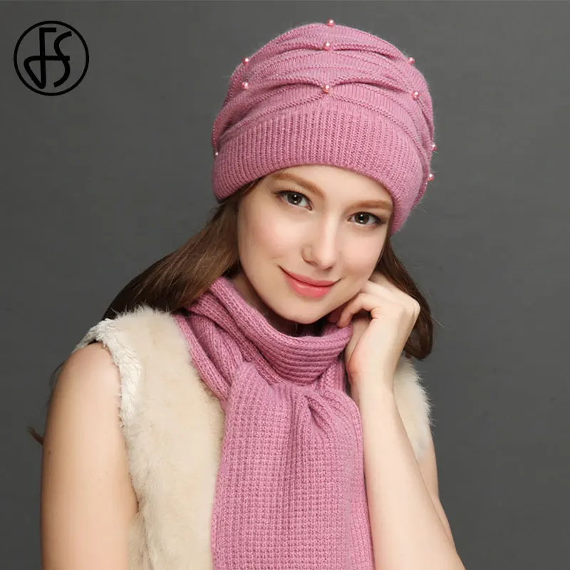 

FS Winter Hat For Women Beanie Rabbit Fur Hats Knitted Winter Beanies Ladies Warm Caps Cashmere Autumn Solid Bonnet 2020