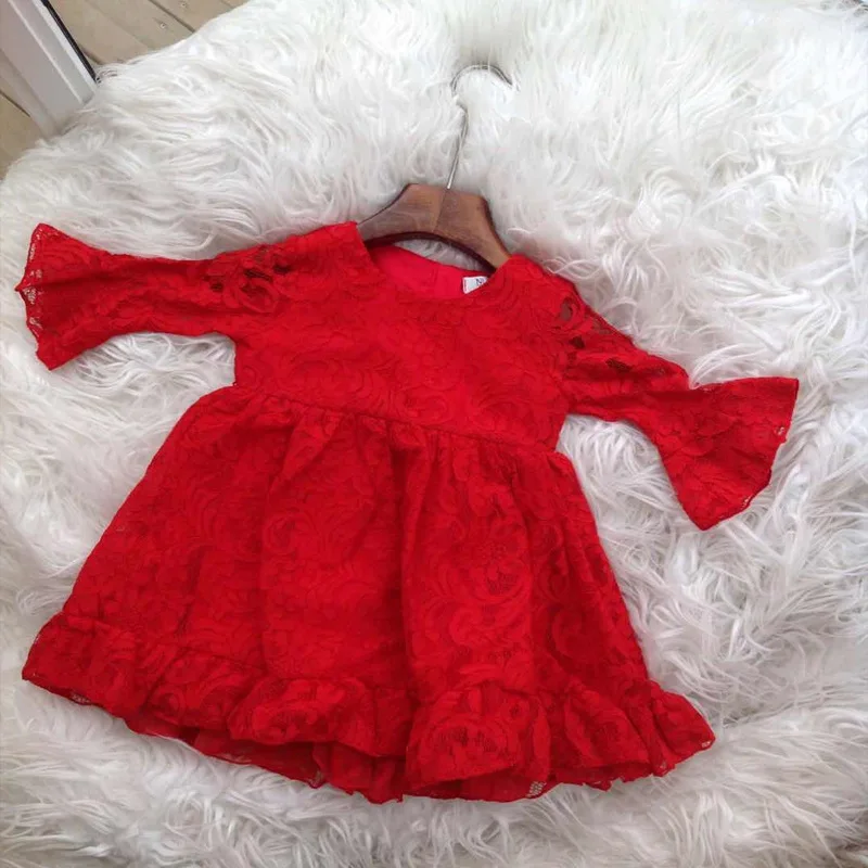 

1-9 year autumn winter children clothing Red lace dress Mermaid skirt with ruffles Birthday wedding dress Elegant dress for girl