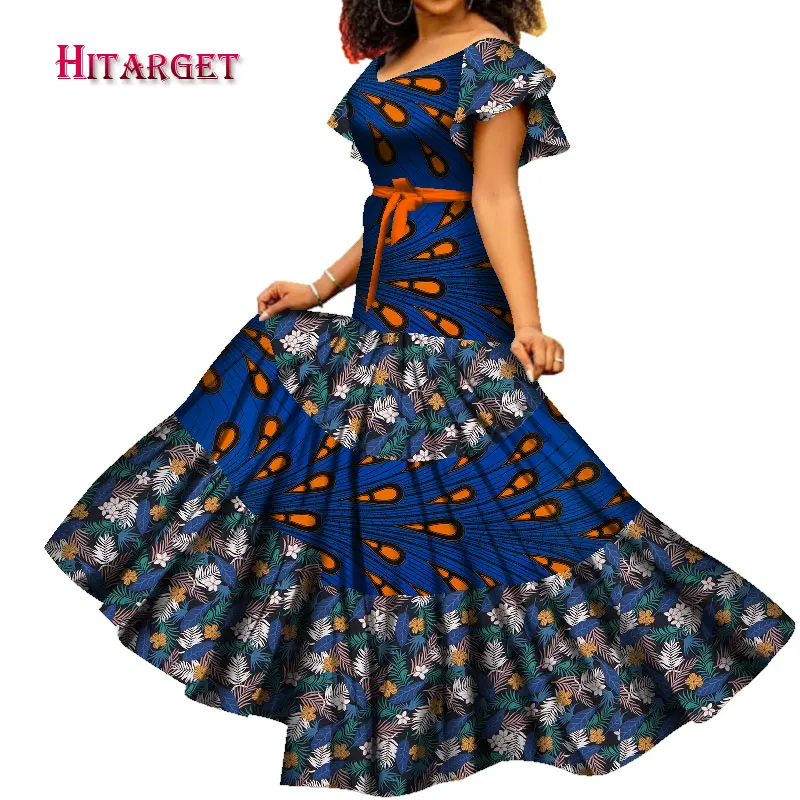 2020 African Clothes Dashiki Low Neck Short Sleeve Long Dress Full Length Skirt Elegant Bazin Riche for Party WY7609