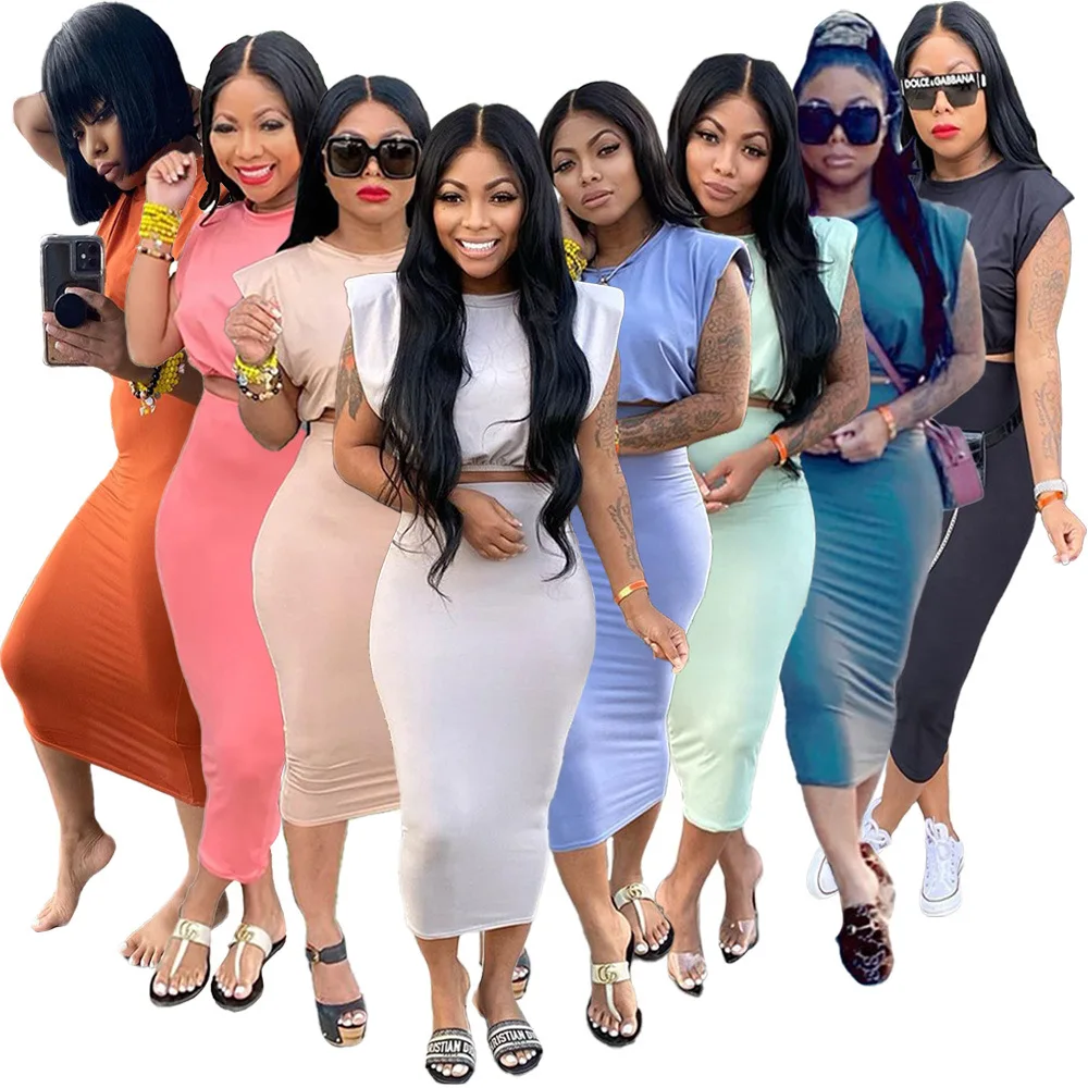 

Echoine 2021 New Sleeveless Crop Tank Top Midi Skirt Set Elegant Sexy Matching Set Party Club Outfits Women Two Piece Set