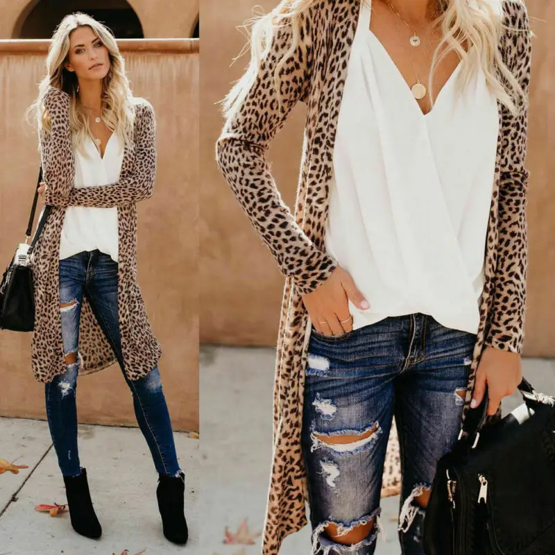 Модные женские леопардовые кимоно кардиган с открытой передней частью Boho Camo