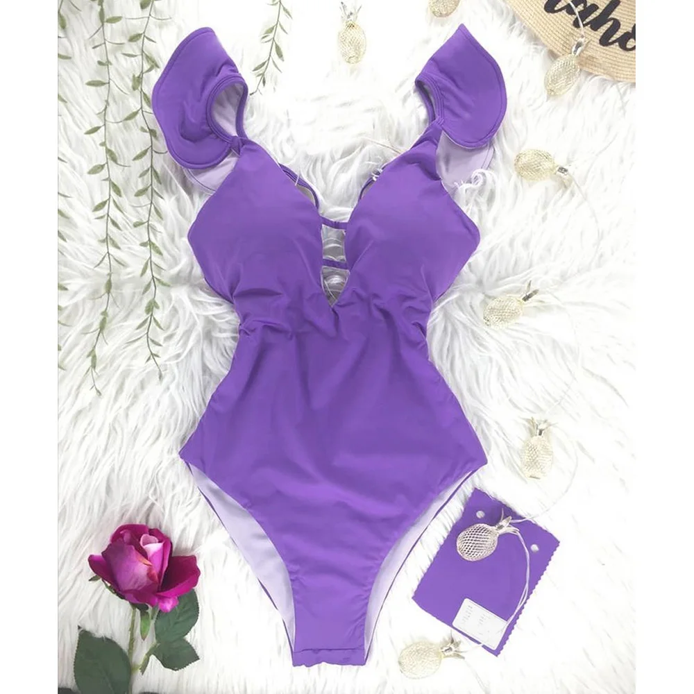 

One Piece Swimsuit 2021 Print Plus Size Swimwear Women V-Neck Belt Monokini Sexy Ruffle Bathing Suits Push Up String Beach Wear