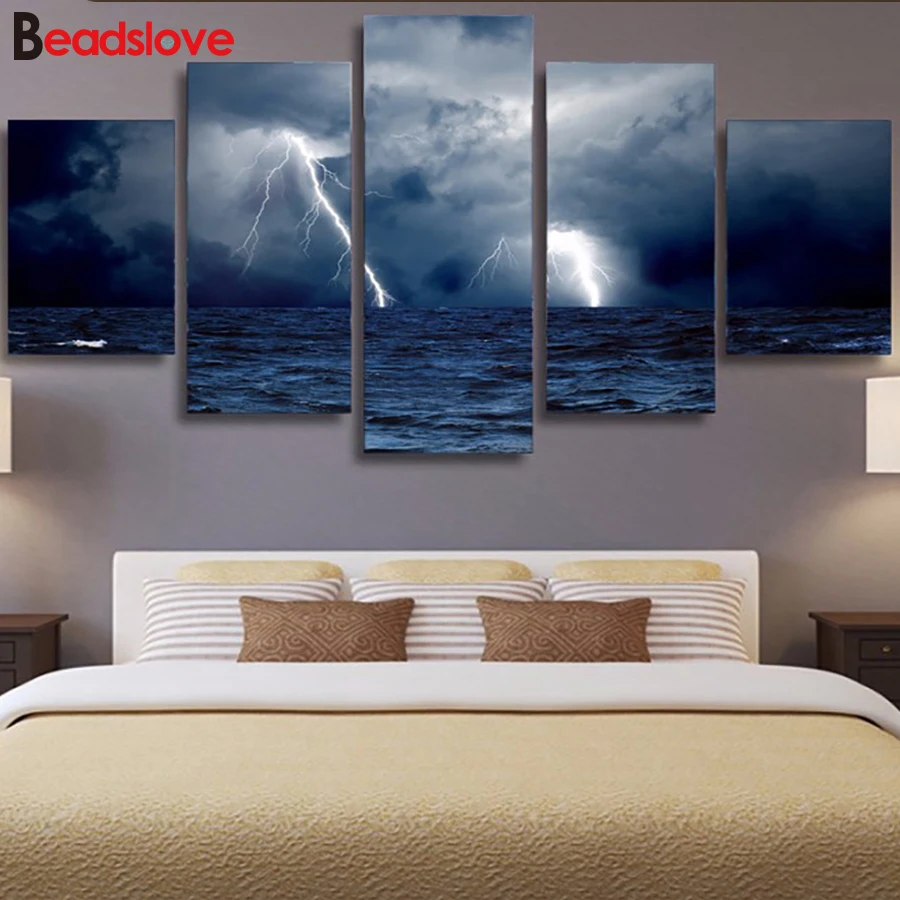 

5pcs set diy diamond Paintings mosaic Sea Waves Storm Lightning Ocean cross stitch wall sticker 3d diamond embroidery scenery
