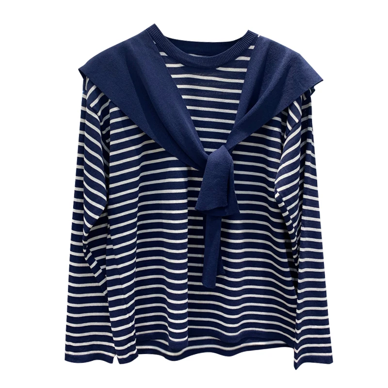 

Early Spring New Long Sleeve round Neck Loose Striped Knitted Top South Korea Dongdaemun Stitching Shawl Fake Two-Piece Suit