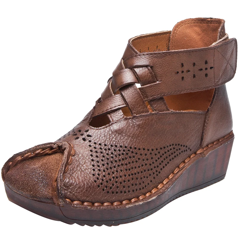 Summer Retro China Style Genuine Leather Hollow Out Sewing Square Toe Ankle Women Boots Cut Wedge Heels Lady Sandals 190508 | Обувь