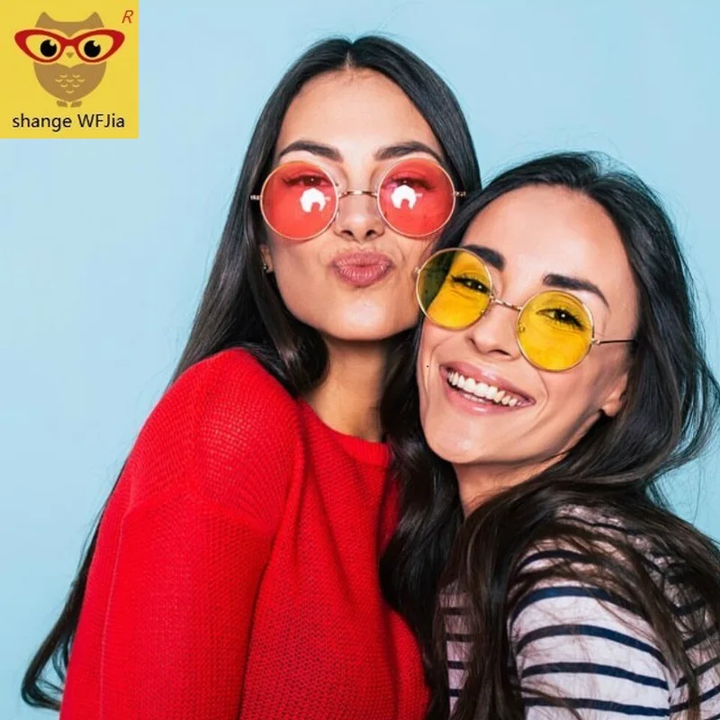 Женские круглые солнцезащитные очки красные желтые синие зеленые с прозрачными