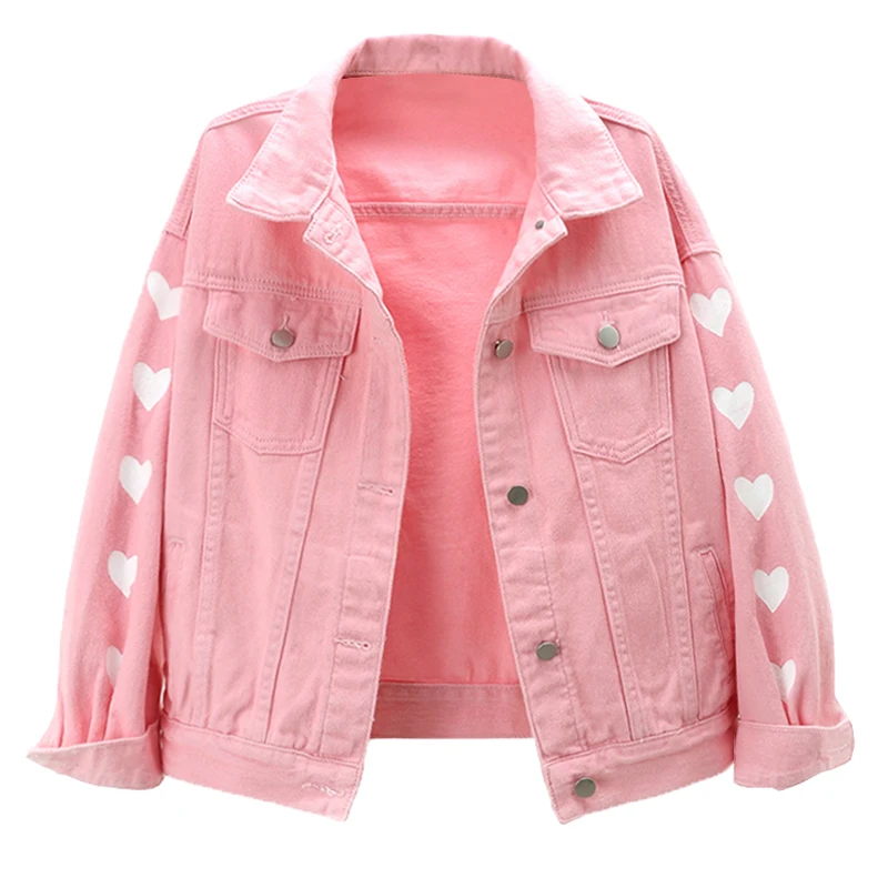 

Pink Denim Coat Women Autumn Love Printed Short Loose Korean Fashion Cotton Jacket Sweet Girl Outwear