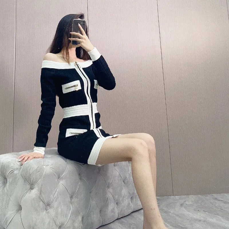 

Fall Fit Classic Brand New Ladies Knit Slim Dress Off Shoulder Long Sleeve Patchwork Colorblock Luxury Sexy Temperament Dress