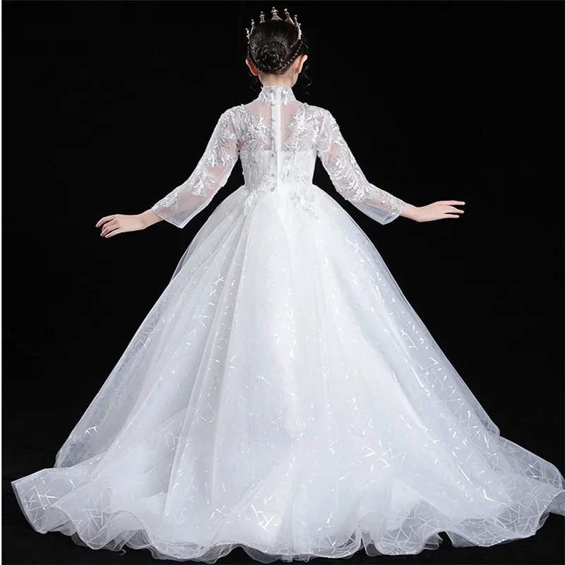 

3~15T Model Shows Catwalk Children Girls Piano Costumes Host Communication Princess Long Tail Dress Kids Luxury Evening Dress
