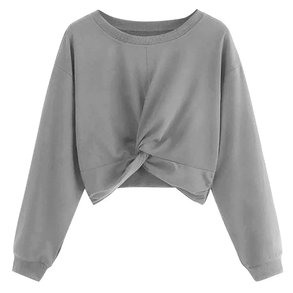 Женская футболка с длинным рукавом и круглым вырезом однотонная укороченная