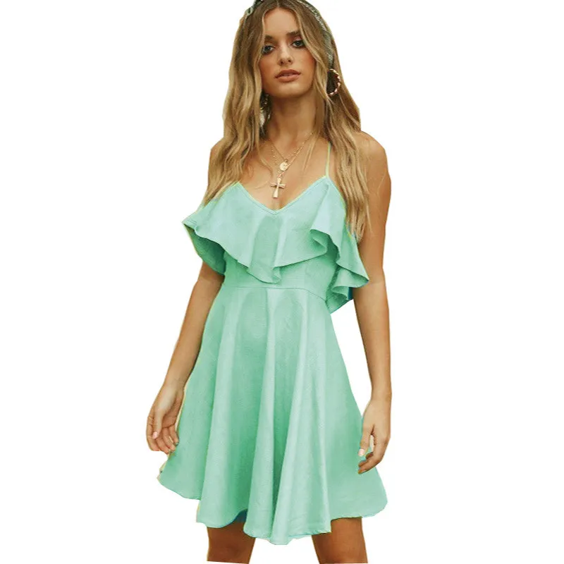 

Zoulv Sweet Sexy V-Neck Slim Women Strapless Party Dress Summer Dress Women Spaghetti Strap Knee Length Ruffle A-Line Dress