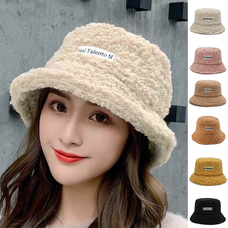 

2021 Autumn Winter Women Plush Bucket Hats Casual Lamb Wool Soft Warm Fisherman Hat Korean Style Panama Flat Female Caps