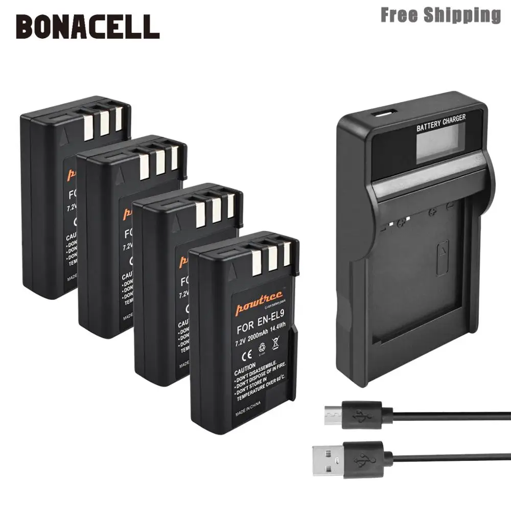 4XBattery-LCDCharger Bonacell 2000 мА/ч, EN-EL9 RU EL9 EN-EL9a RU EL9a EL9a Камера Батарея+ ЖК-дисплей Зарядное устройство AKKU для Nikon EN-EL9a D40 D60 D40X D5000 D300 L5 - Цвет: 4XBattery-LCDCharger