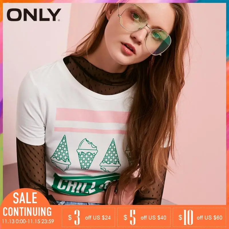 ONLY 2019 Spring Summer New Women's Letter Print Slim Fit T-shirt |118101628 | Женская одежда