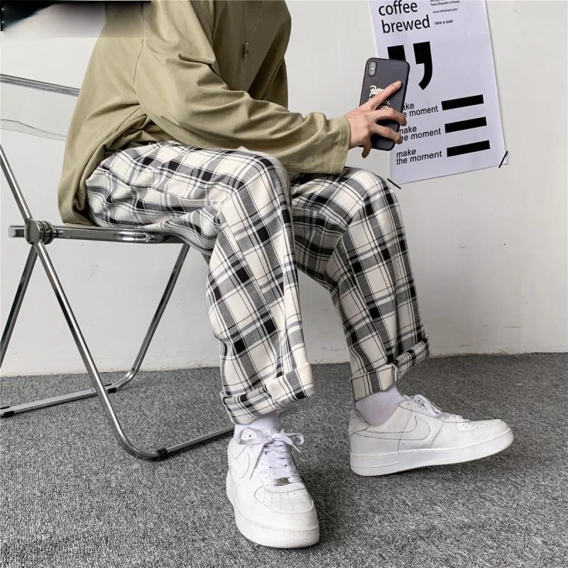

Men Pants Plaid Loose Comfortable Retro Casual Elastic Waist Chic Wide Leg Trousers Fashion Streetwear Japanese Korean fashion