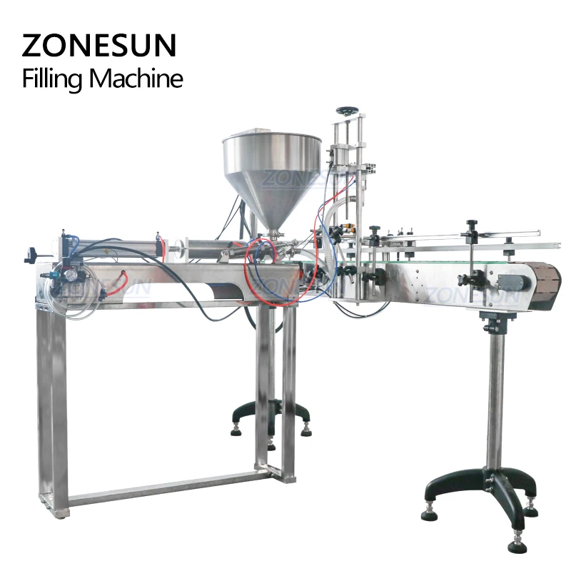 

ZONESUN ZS-GY1C Pneumatic Automatic Liquid Paste Filling Machine Cream Chocolate Juice Perfume With Conveyor Bottle Filler