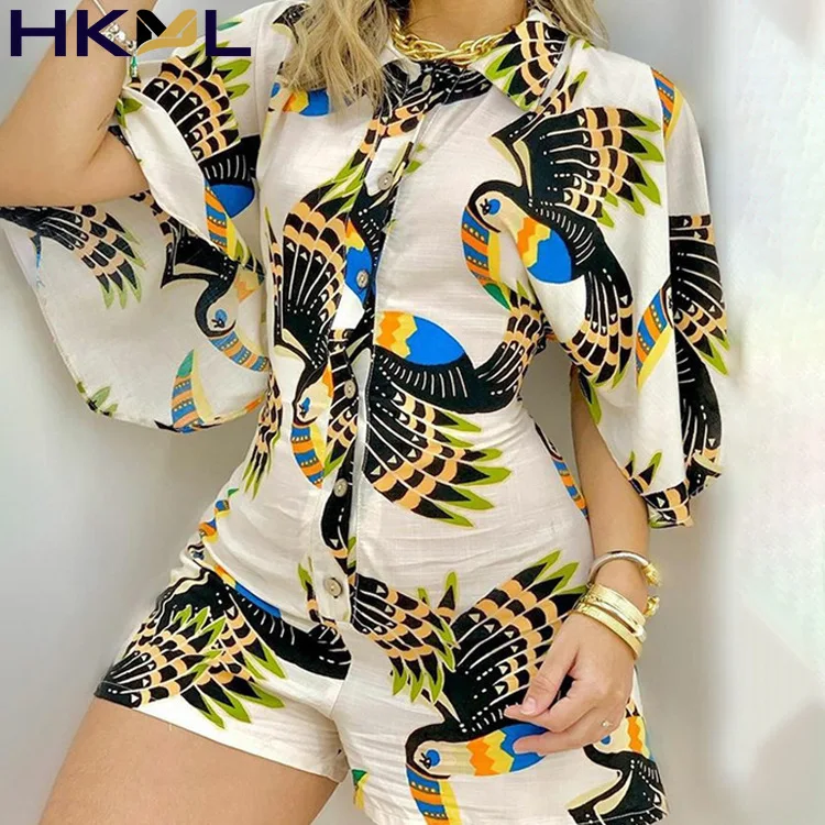 

Women Jumpsuit Flare Sleeve Turn-down Collar Parrot Print Overalls Shorts Elegant Casual Women Jumpsuits