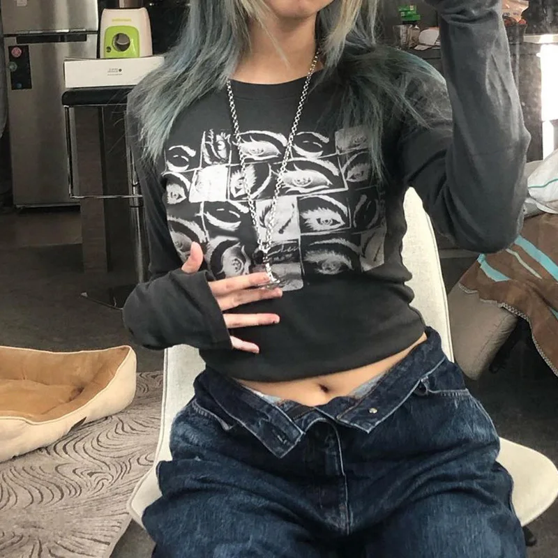 

SMVP Grunge Aesthetic Gothic Punk T-Shirts White Women Summer Graphic Print Crop Tops Slim Short Sleeve Fashion Alt Clothes