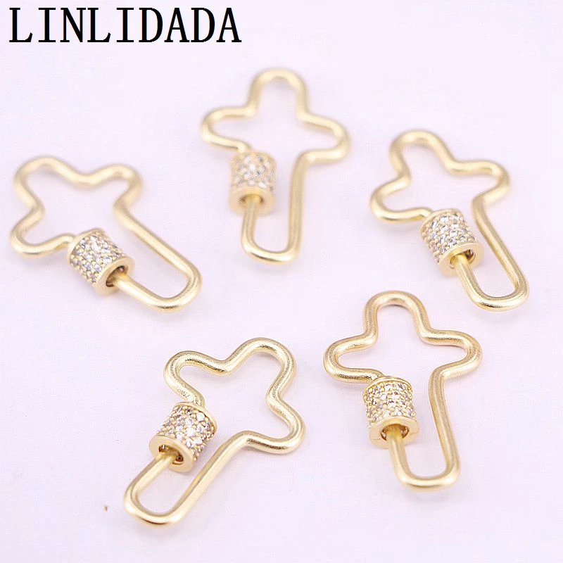 

10Pcs Frosted mattle Gold cross Screw Clasp CZ Micro Pave,Cubic Zirconia Carabiner Lock, Interlocking Clasp, Jewelry Accessories