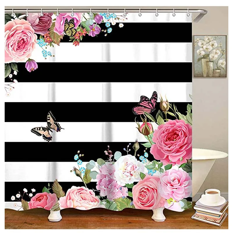 

Розовая занавеска для душа с цветочным рисунком розы, тканевая занавеска для ванной комнаты, наборы s с крючками, узор в черно-белую полоску