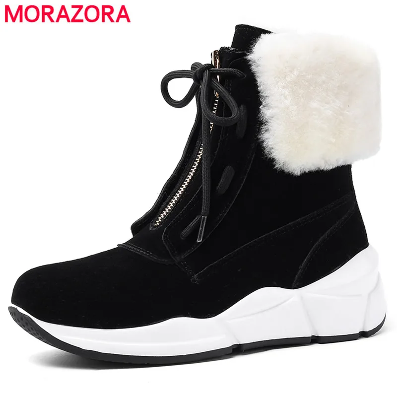 MORAZORA/ г. Большой размер 34-40, высококачественные теплые зимние ботинки удобная женская обувь на плоской подошве со шнуровкой 2 цвета, ботильоны