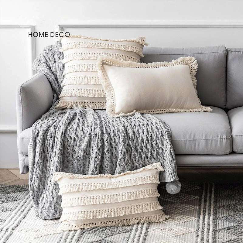 

handmade bohemian beige cotton linen cushion cover tassel square round rectangle pillowcase fringe pillow cover