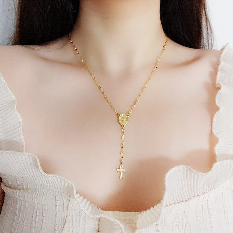 

Женское Ожерелье из нержавеющей стали, овальное ожерелье с подвеской-кисточкой в виде креста Девы Марии, ювелирное изделие золотого цвета, ...