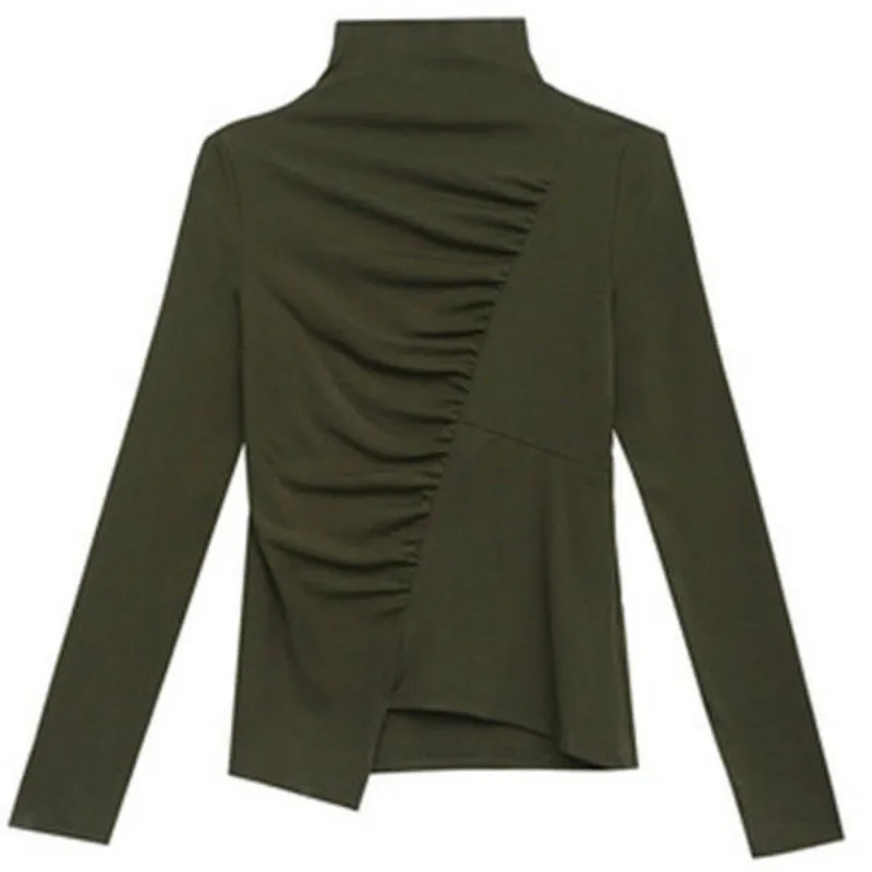 

Double sided velvet irregular women's 2021 spring and autumn new foreign style T-shirt women's long sleeve slim high collar top