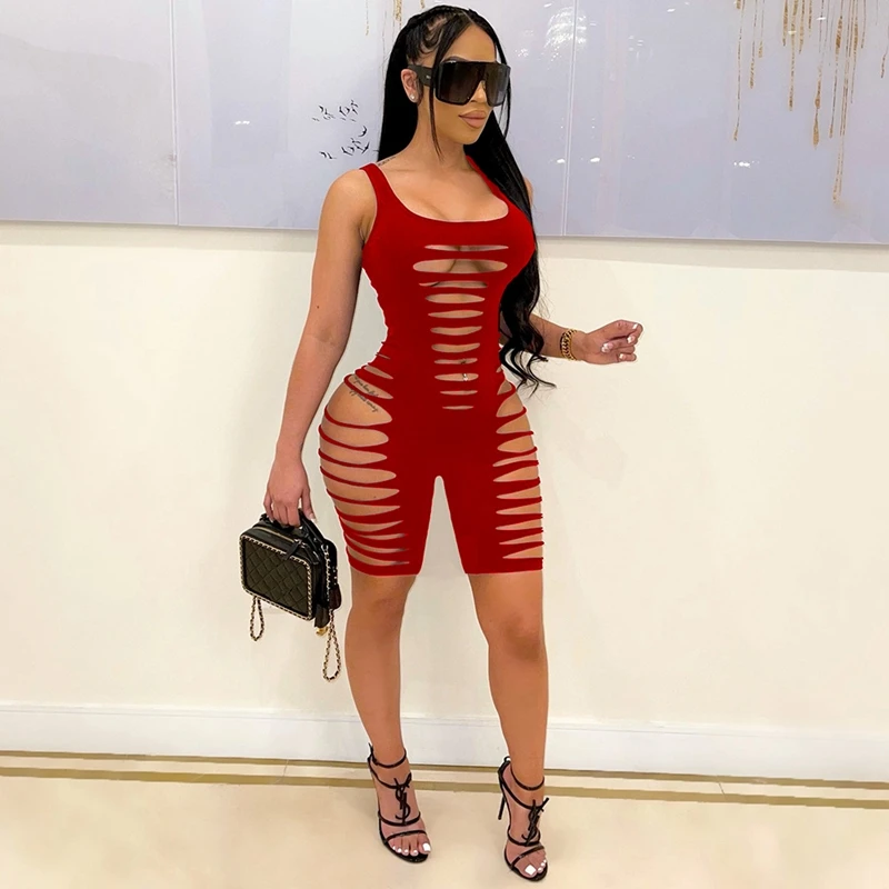 

Summer Clothes Jumpsuit Women Burnt Hole Solid Bodysuit Fashion Sexy One Piece Club Outfits Lounge Streetwear Wholesale Items