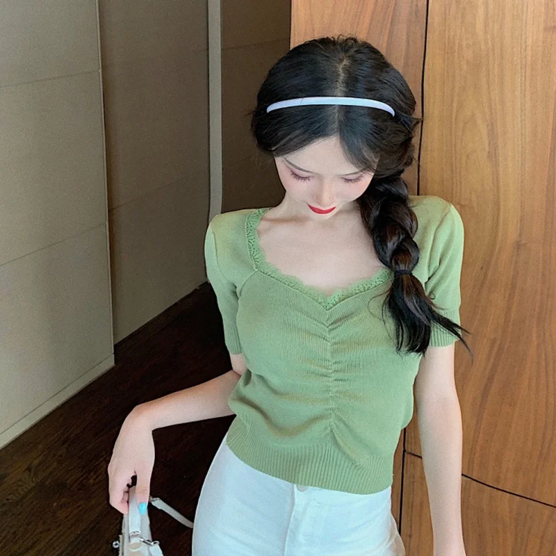 Кружевные короткие футболки с пышными рукавами для девочек трикотажные