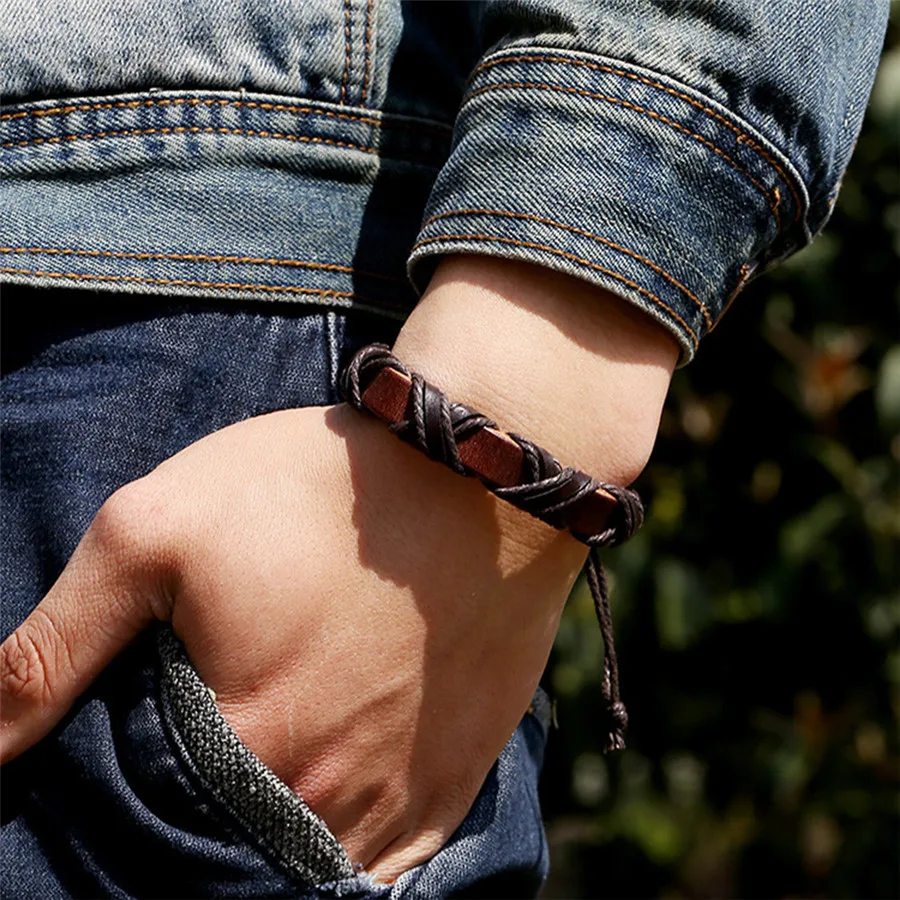 Повседневный Плетеный веревочный браслет унисекс кожаный плетеный регулируемый