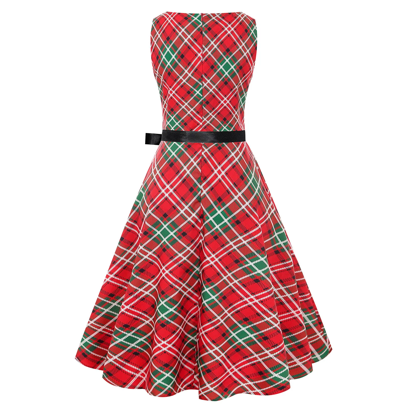 

Robe Plaid Print Vintage Dress Summer Women Elegant Sleeveless Knee-length Prom Party Dress Female Bow Tie A-line Dress Robe #10