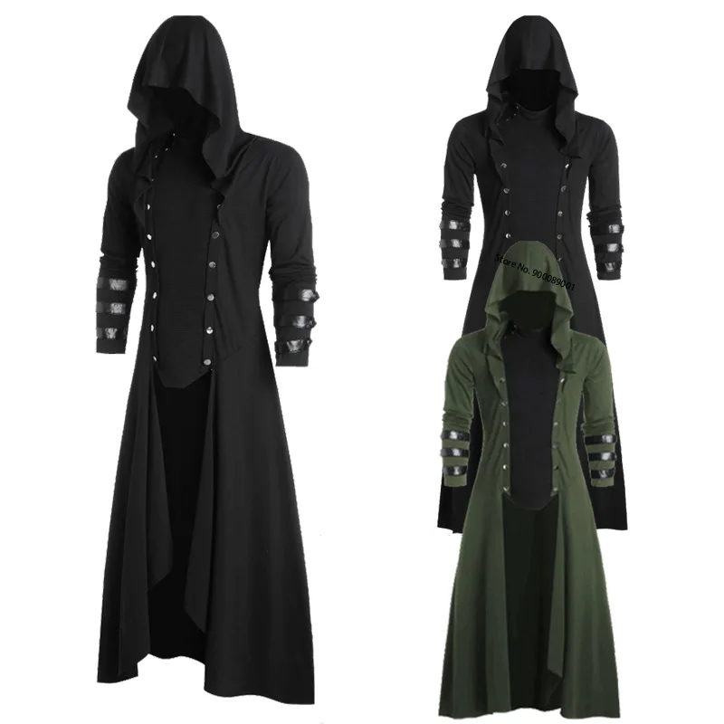 Medieval Victorian Adult Women Men Long Jacket Gothic Steampunk Cloak Hooded Trench Vampire Wizard Cosplay Halloween Costumes