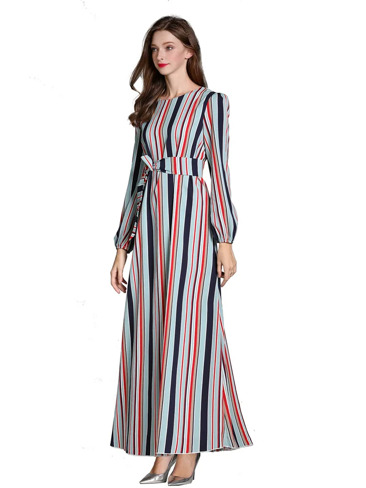 

Houthion Muslim Long Dresses Arab Striped Women's Dress Ramadan Plus Size Long Sleeve Loose Dubai O-Neck Ankle-Length