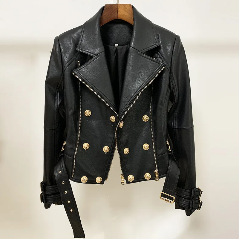 

2020 New Female Jacket Classic Lion Buckle Slim Double Zipper Diagonal Zipper Motorcycle Leather Women Jacket
