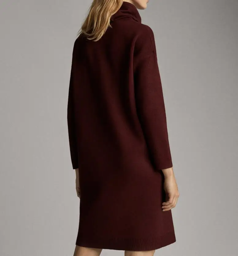 

Women Dress Fall/Winter 2021 New Turtleneck Knitted Dress Fashion Burgundy Long Sleeve Mini Knitted Dress
