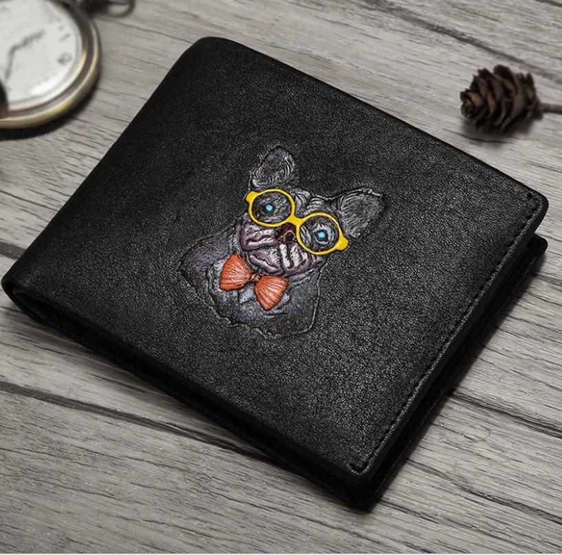

100% Genuine Leather Men Wallet Glasses Dog Totem Card Holder Male Wallet High Quality Elegant Design Colored Drawing Purse